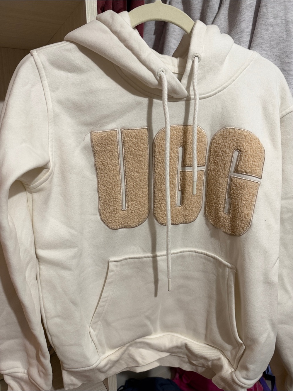 UGG Cream Hoodie with Tan Sherpa Logo